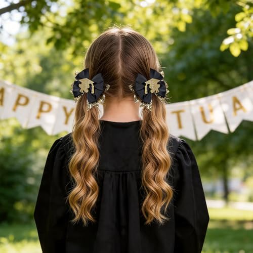 2PCS Graduation Hair Bows for Girls 3.5" Glitter Gold Black Happy Graduation Cap Ribbon Bow Alligator Barrettes for Students Teachers Week Gift Cheer Party School Uniform Accessory - Image 4