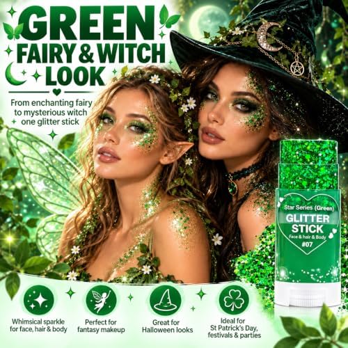 Green Hair Glitter Stick, Green Face Body Glitter Makeup, School Spirit Week Game Day Cheer Accessories, Chunky Sequins for Halloween, St Patrick's Day, Rave Festival Singer Concert, Mardi Gras - Image 6