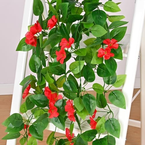BLEUM CADE Artificial Hanging Flowers for Outdoors, 2pcs Fake Hanging Plants Pothos Vines with Red Flowers for Wall Home Living Room Indoor Outdoor Decor (No Baskets) - Image 3