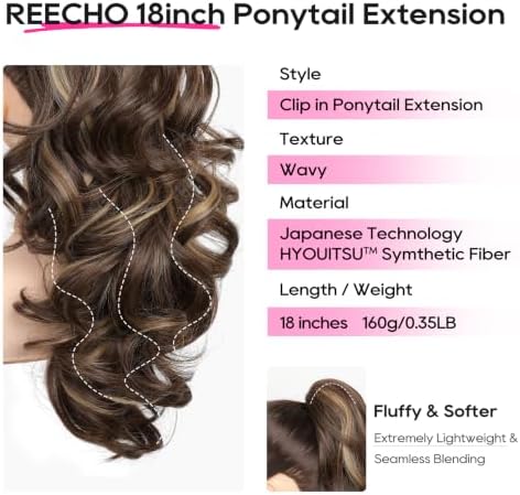 REECHO Ponytail Extension, 18" Clip in Ponytail Hair Extensions for Women, Short Wavy Synthetic Pony Tail Hairpiece for Daily Wear- Chestnut Brown with Golden Highlights - Image 2