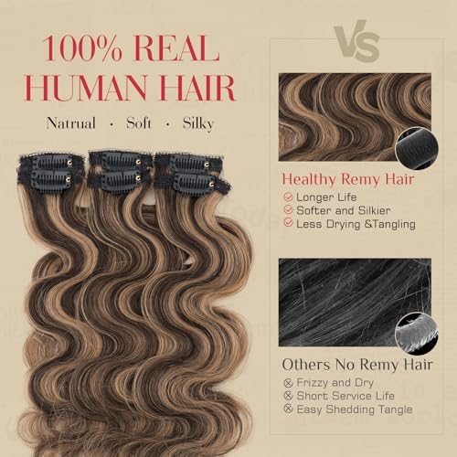 Rich Choices Clip In Hair Extension Real Human Hair-Wave/Curly 6 Pcs Single Clip Hairs Extension for Women-Invisible Mini Clips in Hairpieces-18 Inch #2RP6 Chocolate Brown Highlight Light Brown - Image 4