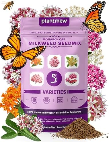 Wildflower Seeds – Monarch Cafe Milkweed Mix, 5 Heirloom Varieties 100% Native Milkweeds, 7,500+ Seeds (4oz) Covers 240-300 sq.ft., High Germination for Monarch Butterfly Garden by PLANTMEW
