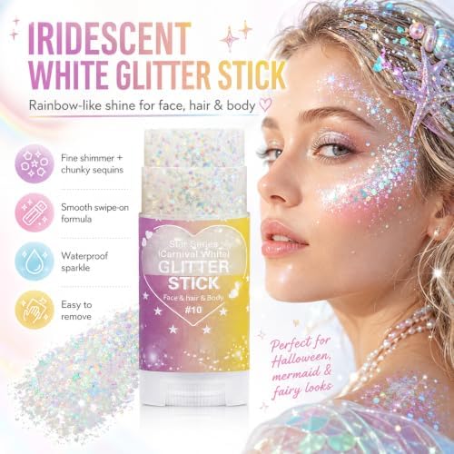Iridescent White Glitter Stick for Hair Face & Body, Waterproof Chunky Glitter Makeup for Kids and Women, Mermaid Fairy Halloween Costume Outfit Accessories for Festival Rave Concert Carnival Party - Image 2
