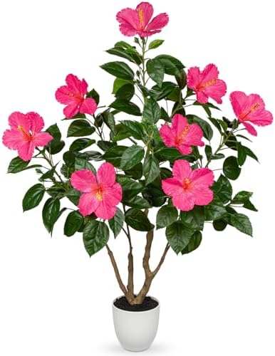 Briful Artificial Hibiscus Tree 2.95ft Tall Real Touch Fake Tree with Pink Flowers Potted Faux Plant Indoor Realistic Floor Plants for Front Porch Outdoor Home, Patio Decor by Briful