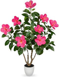 Briful Artificial Hibiscus Tree 2.95ft Tall Real Touch Fake Tree with Pink Flowers Potted Faux Plant Indoor Realistic Floor Plants for Front Porch Outdoor Home, Patio Decor by Briful