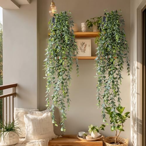 Artificial Hanging Plant 2 Pcs Faux Plant Ivy Vine Faux Eucalyptus Vines Fake Potted Greenery for Wall Living Room Home Shelf Office Bathroom Outdoor Indoor Decor (Type 2) by Yarmare