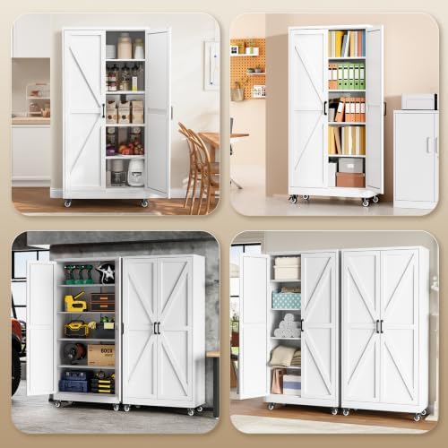 Yizosh 75" White Metal Pantry Cabinets,Garage Storage Cabinet with Wheels - Image 5