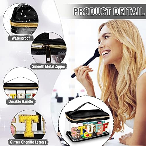 Chenille Letter Clear Makeup Bags Stuff Pouch, Preppy Patch Makeup Bag Zipper with Handle, Transparent PVC & Nylon Waterproof Glitter Cosmetic Handbag Travel Toiletry Storage for Women(STUFF-Black) - Image 3