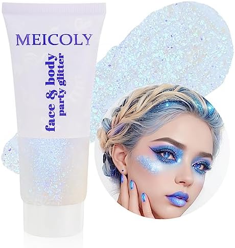 MEICOLY Sparkling Blue Body Glitter,Halloween Face Glitter,Color Changing Hair Glitter Gel for Body,Face,Hair,Lip,Eye,Long Lasting Sequins Glitter Face Paint,Festival Party Glitter Makeup,50ml by MEICOLY