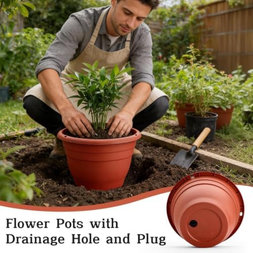 RooTrimmer 3 Pack 11 Inch Plant Pots Lightweight Planters with Drainage Holes,Durable Indoor & Outdoor Flower Pots for Garden,Patio & Home Decor(Pottery Red) - Image 6