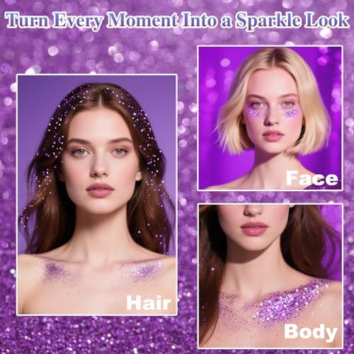 Purple Hair Glitter Stick, Mardi Gras Outfit for Women,Purple Body Face Glitter,Rave Mardi Gras Accessories Carnival Chunky Glitter Sequins,Halloween Mermaid Waterproof Shimmer Body Paint - Image 3