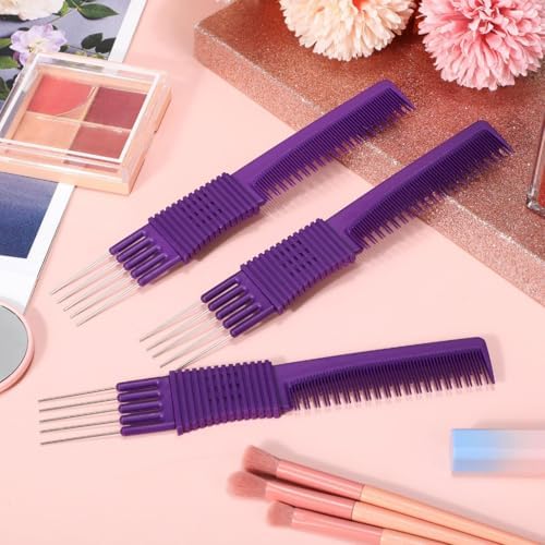 Leinuosen 3 Pack Teasing Combs with Metal Pick, Purple - Image 4
