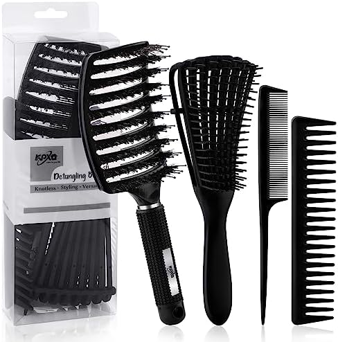 4pcs Curly Hair Brush Set for Adult & Kids Wet or Dry, Detangling Brush for 3/4ABC Hair with Wide Tooth Comb (4, Black) by KPX