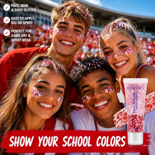 MEICOLY Red and White Face Hair Glitter Gel,Body Glitter for School Spirit Accessories, Game Day,Pep Rally, Sports Fans, Book Character Costumes, Reading Week,Halloween Festival Party Makeup - Image 2