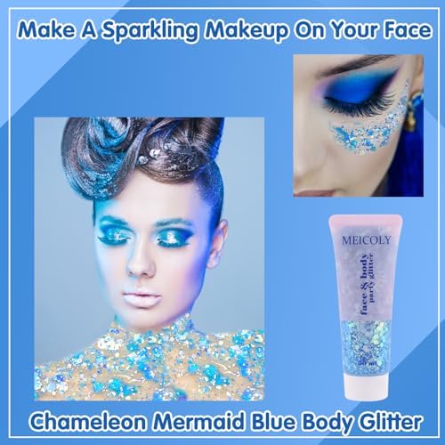 MEICOLY Chameleon Mermaid Blue Body Glitter,Chunky Face Glitter for Halloween,Color Changing Mermaid Hair Glitter Face Paint,Glitter Sequins for Face Body Hair,Festival Party Cheer Glitter Makeup - Image 2