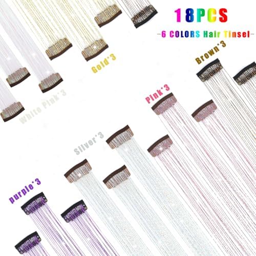 18 Pcs Hair Tinsel Clip in, 20.5 Inch Glitter Tinsel Hair Extensions, 6 Colors (Pink Silver Gold Purple Brown White) Fairy Hair Tinsel Clips Dazzling Hair Accessories for Girls Women (Six Color) - Image 2