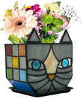 Unique Stained Glass Gray Cat Planter, Plant Pots Indoor,Indoor Flower Pots with Drainage,Window Sill Cat Decoration Gift,4.6x5.15x3IN by Entlityful