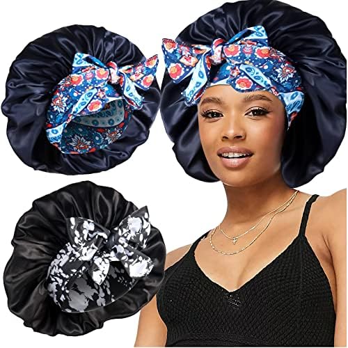 2pcs Large Silky Bonnets with tie Band Braid Bonnet, Satin Bonnet for Sleeping Curly Hair, G by Heniho