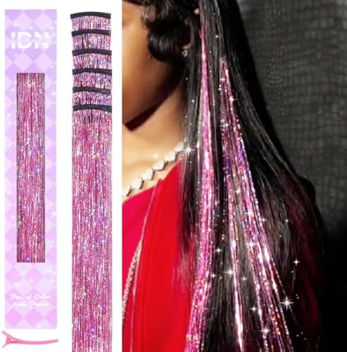 IDN BEAUTY Hair Tinsel Clip In Pink Sparkle Hair Extensions 24 Inch 6pcs by IDNBEAUTY