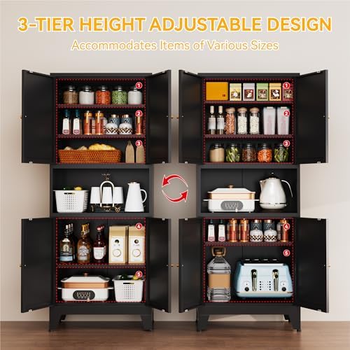 YAUWOH 69" Tall Metal Pantry Cabinet with Microwave Shelf, 4 Doors & 3 Adjustable Shelves, 120LBS Per Shelf Heavy Duty Storage Cabinet with Anti-Tip Design for Kitchen,Dining Room (1PC,Black) - Image 6