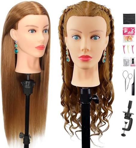 Mannequin Head Human Hair- Cosmetology Manikin Doll Head with 80% Real Hair for Hairdresser Practice Styling Braiding Training Heads & Clamp Holder (Brown) by Firstwon