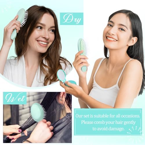 Meanplan 24 Pcs Mini Hair Brush Set Travel Wet Dry Hair Combs Pocket Detangling Compact Folding Makeup Mirrors for Spa Sleepover Birthday Bridal Shower Bachelorette Christmas Party Gift(Light Green) - Image 5