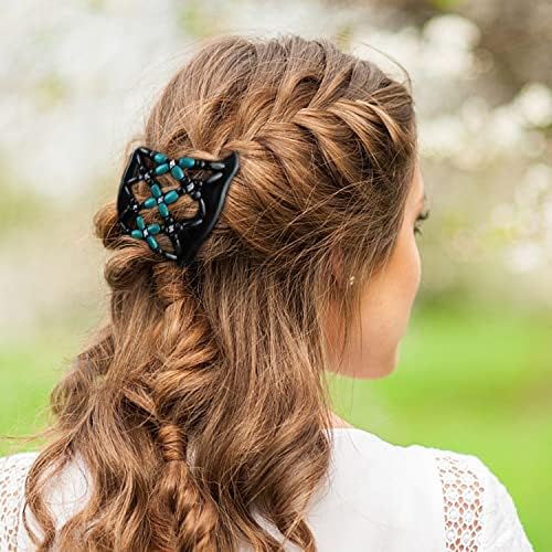 3 Pieces Stretchy Double Comb Hair Clip Magic Hair Side Combs for Women Elastic Wood Beaded Hair Bun Maker Hair Accessories for Curly Thick Wavy Hair (Purple, Blue, White) - Image 6