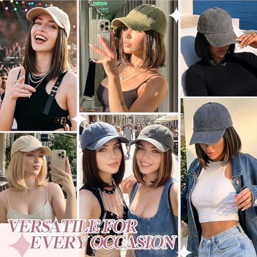 SEGO Unisex Vintage Baseball Cap with Hair Extensions for Women Synthetic Hair Attached Short Straight Hairpiece Olive Green Baseball Cap Wig Adjustable Hat Wigs for Women 6 Inch 1A Black - Image 6