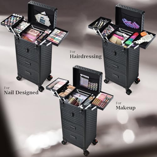 Stagiant Rolling Makeup Case with Drawers Cosmetology Case on Wheels 4 IN 1 Makeup Case 3 Drawers with Foot Stand Spring-release Mechanism Rolling Make Up Organizer for Artist Salon Nail Teach Trunk - Image 4