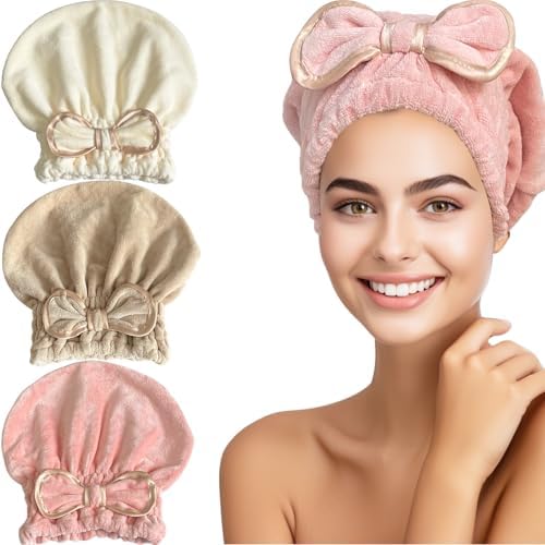 Jseng Microfiber Hair Towel Caps, 3 Packs, Fast Drying, Cute Bowtie Design, Cream, Khaki, Pink, Women & Girls Aged 14 And Above by Jseng