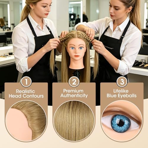 Mannequin Head with 80% Real Hair, 26" Styling Training Head Cosmetology Mannequin Head, Practice Training Doll Head with Clamp Holder and Tools (Tea Brown) - Image 4