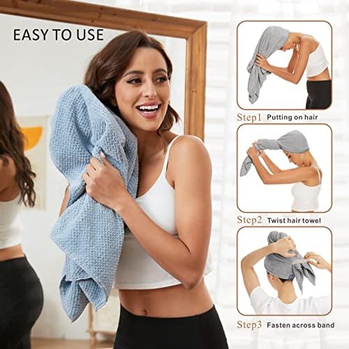 2 Pack Large Microfiber Hair Towel Wrap for Women, Anti Frizz Hair Drying Towel, Fast Dry Hair Turban for Wet Hair, Long, Thick, Curly Hair, Super Absorbent Soft Hair Towels (Blue & Gray) - Image 5