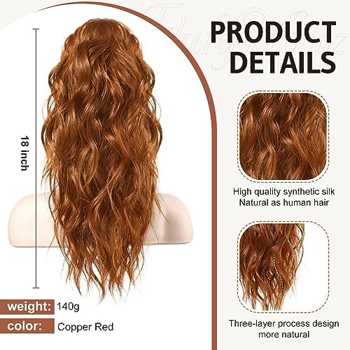 Flufymooz Ponytail Extension - 18 Inch Wavy Curly Claw Clip in Ponytail Hair Extensions, Natural Fake Synthetic Hairpiece for Women (Dark Cooper Red) - Image 2