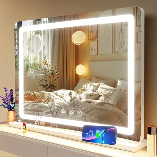 Gvnkvn Makeup Vanity Mirror with USB Charging Port 28" x 22" Large LED Makeup Mirror, Desk Mirorr with Lights, Light up Mirror with 10X Magnification and, Dimmable 3 Modes, Touch Control White by Gvnkvnlightupyourhome