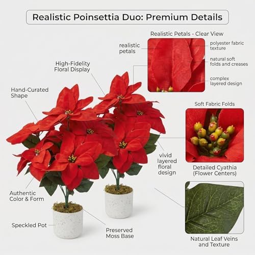 2 Pack Red Christmas Poinsettia Flowers in Pots, 18.9" Artificial Poinsettia Plants with Realistic Layered Petals, Speckled Pot and Moss Base for Holiday Indoor Decor, Table Centerpiece, Porch - Image 5