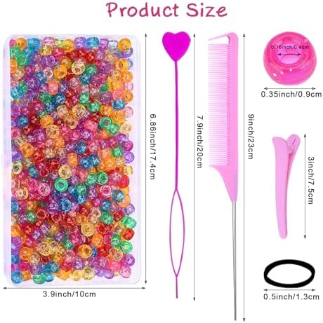 Ningrou 1008 Pcs Hair Beads Kit for Girls Hair Braids, 500Pcs 9x6mm Glitter Pony Beads, 500Pcs Mini Elastic Rubber Bands, 5Pcs Quick Beaders, 1Pcs Rattail Comb and 2Pcs Duckbill Clips - Image 2