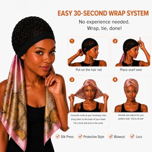 2 in 1 Wrap Cap Hair Net and Scarf for Silk Press, Satin Wrap Cap Bonnet for Women, Adjustable Stay-On Sleep Hair Net Scarf for All Hair Types - Image 6