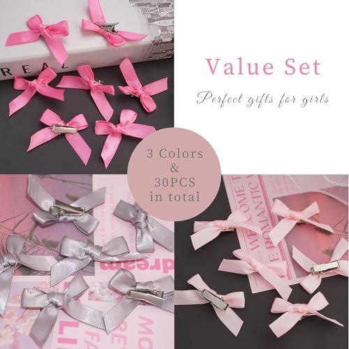 30PCS Small Hair Bows Silver Mini Bow Clips Satin Pink Hair Accessories Coquette Bow for Girls Women - Image 5