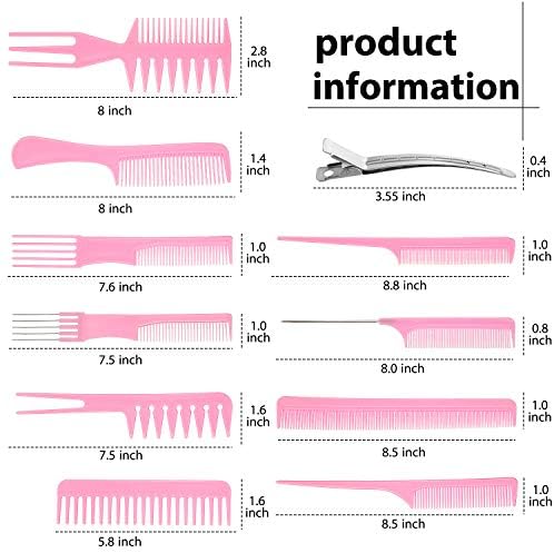 10 Hair Styling Comb Set with Duck Bill Clips, Anti-static Combs, and Metal Clips for Salon and Barber Use (Pink) - Image 2