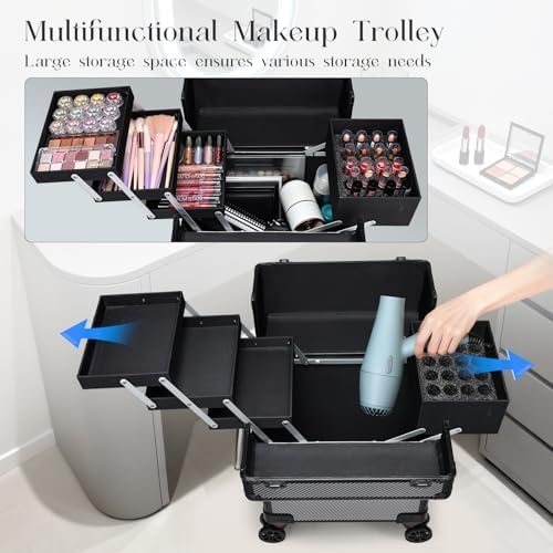 Rolling Makeup Case, Cosmetology Case on Wheels Professional Vanity Case with Trays for Women Large Travel Makeup Box Organizer Trolley with Key, Ashy Grey - Image 5