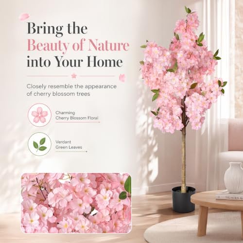 Cherry Blossom Tree 4FT Artificial Plants Indoor - Reinforced Spiral Connection Base & Anti-Shedding Silk Sakura Flowers, Faux Pink Tree for Living Room Home Office Bedroom Decor - Image 4