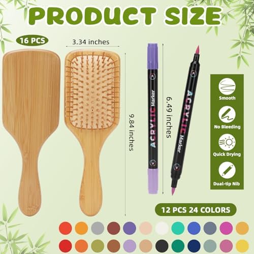 16PCS DIY Bamboo Hair Brush Painting Kit Bulk with 12 Pens for Decor Square - Image 2