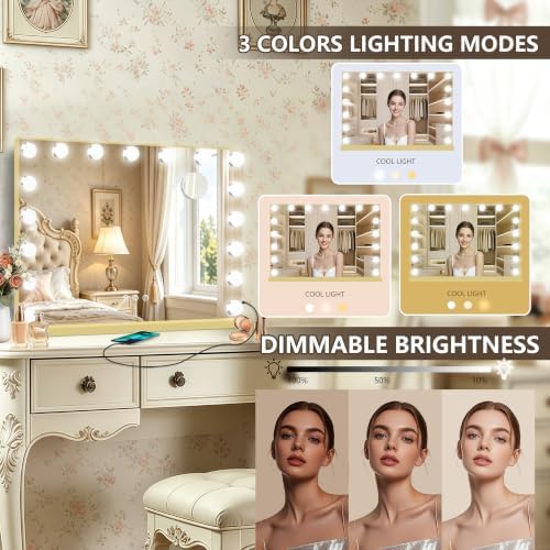 Ratsamee Gold Hollywood Vanity Mirror with Lights, 17 Dimmable Bulbs, 3 Color Lights,Make Up Lighted Mirror, Aluminum Metal Frame, USB Charging Port（28" x 20"） - Image 3