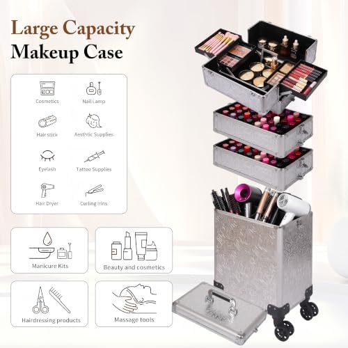 5 in 1 Rolling Makeup Train Case Professional Cosmetic Trolley Large Storage Organizer on Wheels for Hairstylist Artist Nail Beauty Salon Barber Silver - Image 3
