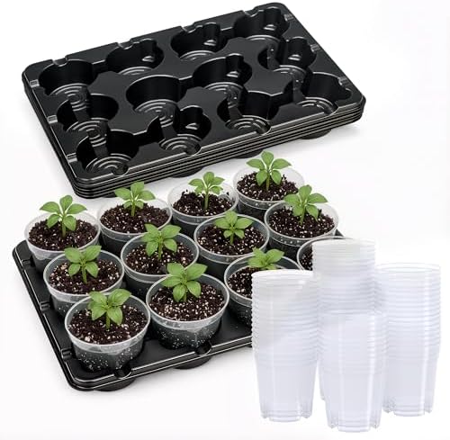 5 Pack 12 Cell Seed Starter Trays with 60 4 Inch Nursery Pots by HOMENOTE