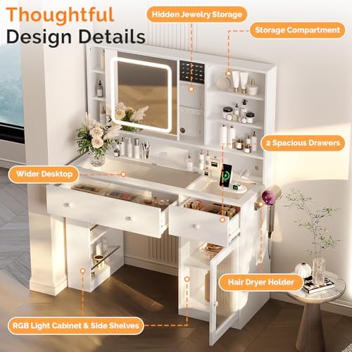 VINGLI Vanity Desk with Sliding Mirror and Lights, Glass Top Makeup Vanity Table w/Glass Cabinets w/Hidden Jewelry Storage & Power Outlets & Hairdryer Holder, 43in White Dressing Table Gifts Girls - Image 3