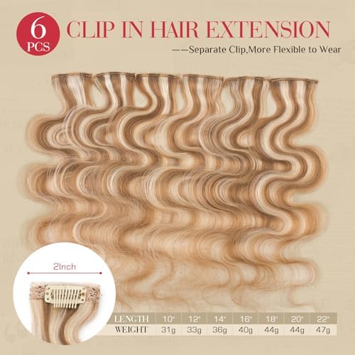 Rich Choices Clip In Hair Extension Real Human Hair-Wave/Curly 6 Pcs Single Clip Hairs Extension for Women-Invisible Mini Clips in Hairpieces-18 Inch #6P613R Light Brown Highlight Bleach Blonde - Image 2