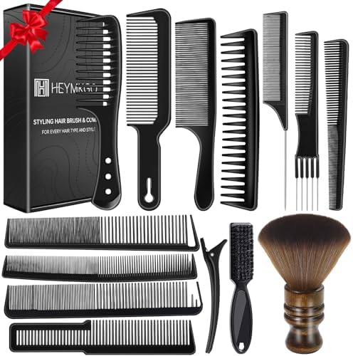 HEYMKGO Barber Comb,14PCS Hair Cutting Comb Set, Professional Salon Fine and Wide Tooth Comb, Barber Clipper Brush Duster Brush, Hair Clips, Rat Tail Teasing Combs for Styling by HEYMKGO