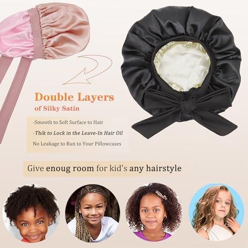 2 PCS Kids Bonnet for Girls Double Layer Silk Satin Bonnet Sleep Cap for Child Curly Natural Hair 3-12Y (pink&black) - Image 3
