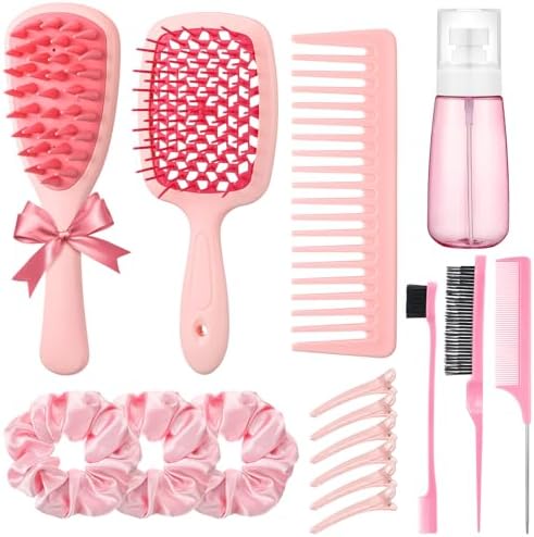 auroray 16 Pcs Pink Hair Brush Set for Women Girls - Scalp Scrubber with Handle, Detangle Hair Brush, Spray Bottle, Edge Bristles Wide Tooth Brushes Rat Tail Comb for Travel Home Use Hair Stuff by auroray